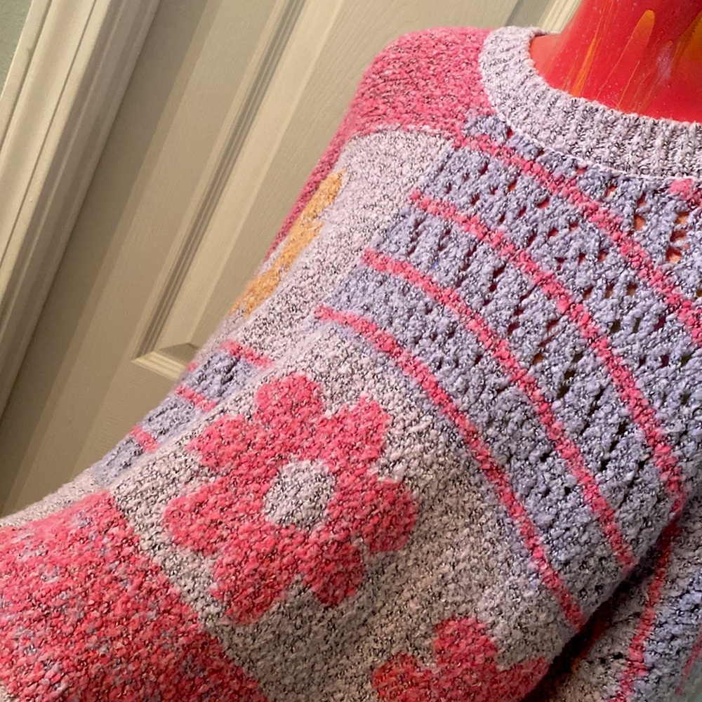 Moon & Madison Artistic Floral Kawaii Cute Purple, Pink, & Orange Sweater - Picture 12 of 14